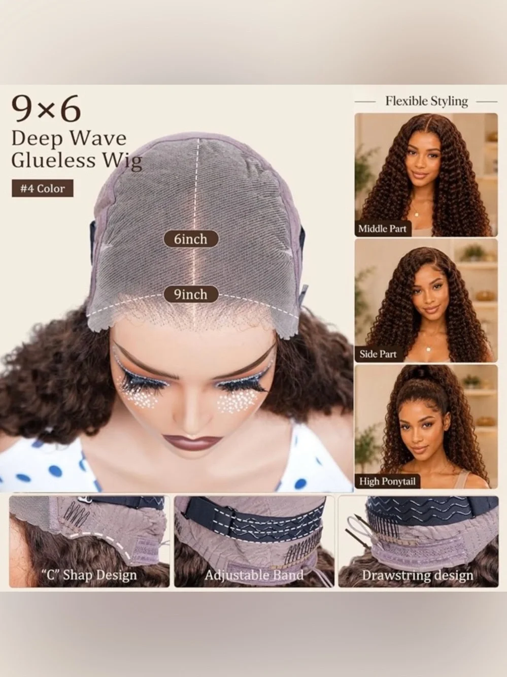 Chocolate Brown Deep Wave Human Hair Glueless 20 Inch Wig